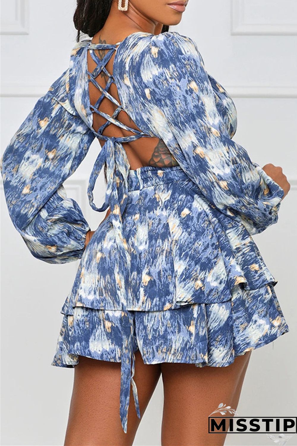 Blue Fashion Casual Print Hollowed Out V Neck Long Sleeve Dresses