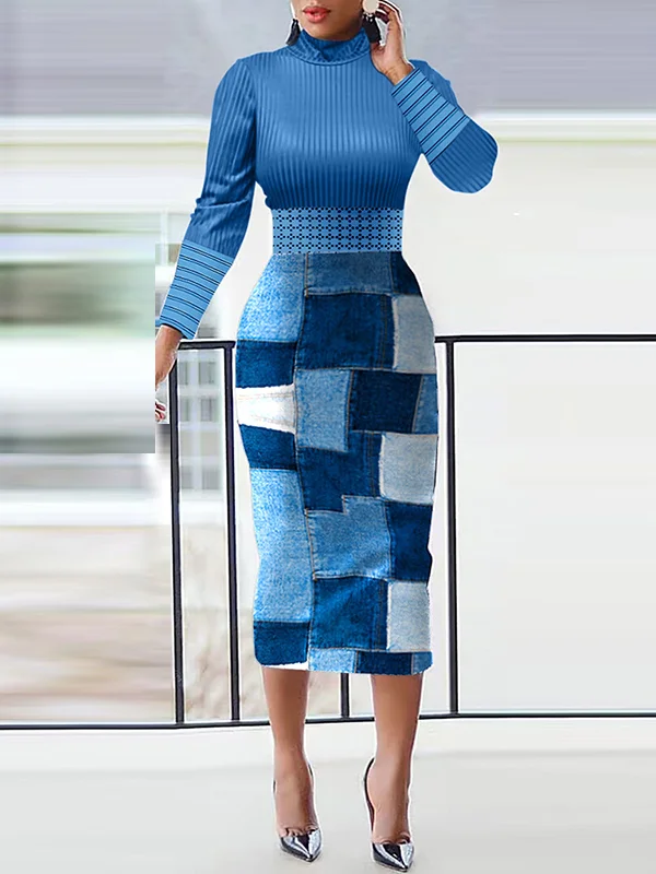 Contrast Color Pockets Printed Split-back Bodycon Long Sleeves High Neck Midi Dresses