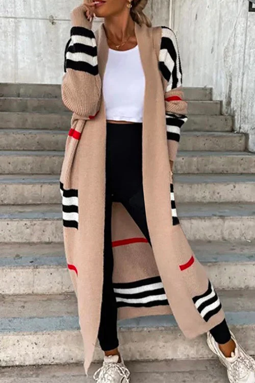 Open Front Color Block Striped Splice Long Sweater Cardigan