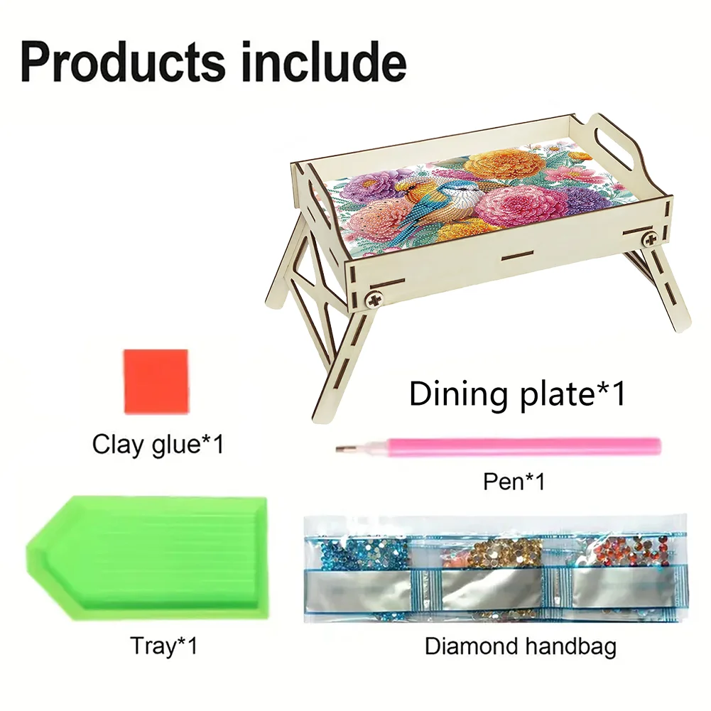 5D DIY Flower-Bird Diamond Painting Serving Tray with Handle for Coffee Table