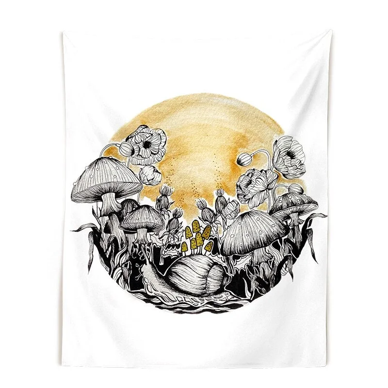Mushroom queen Tapestry Wall Hanging crystals botanical fungi art black White witchy Living Room Psychedelic Wall Art Decor