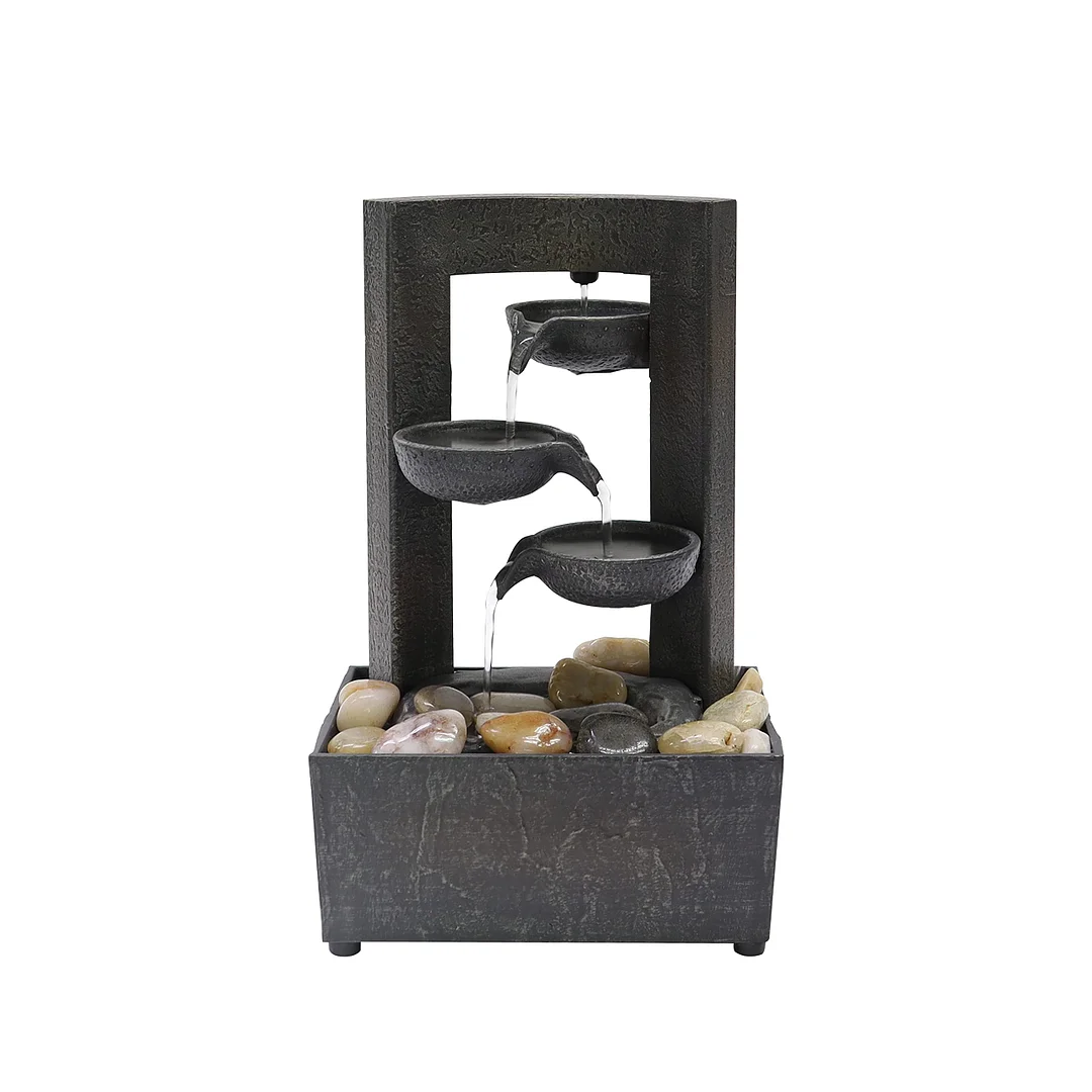 9.6" H Tiered Raining Spout Tabletop Water Fountain with Natural River Rocks (Power Cord Attached)