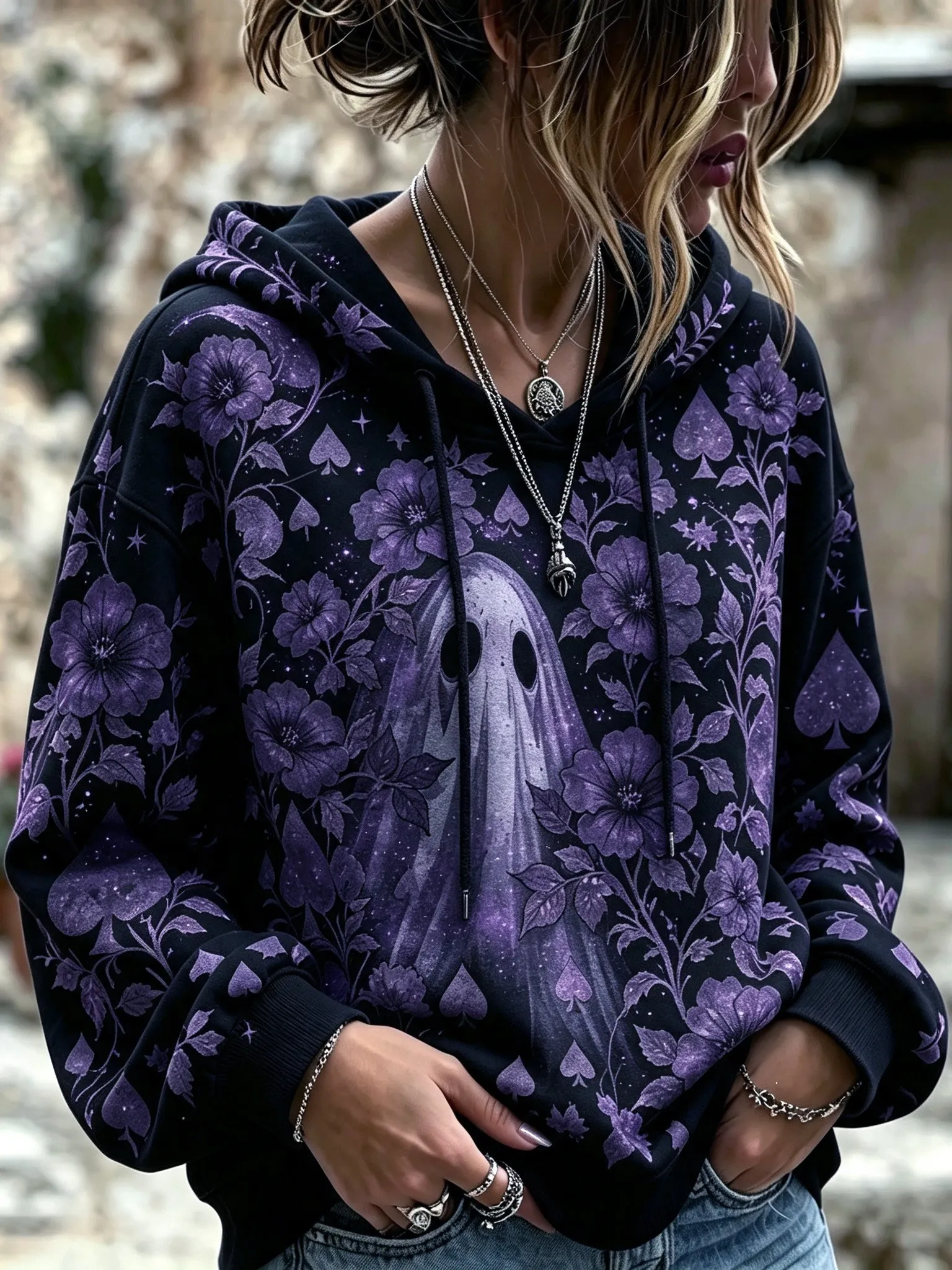 Comstylish Women's Bohemian Halloween Ghost And Floral Print Hoodie