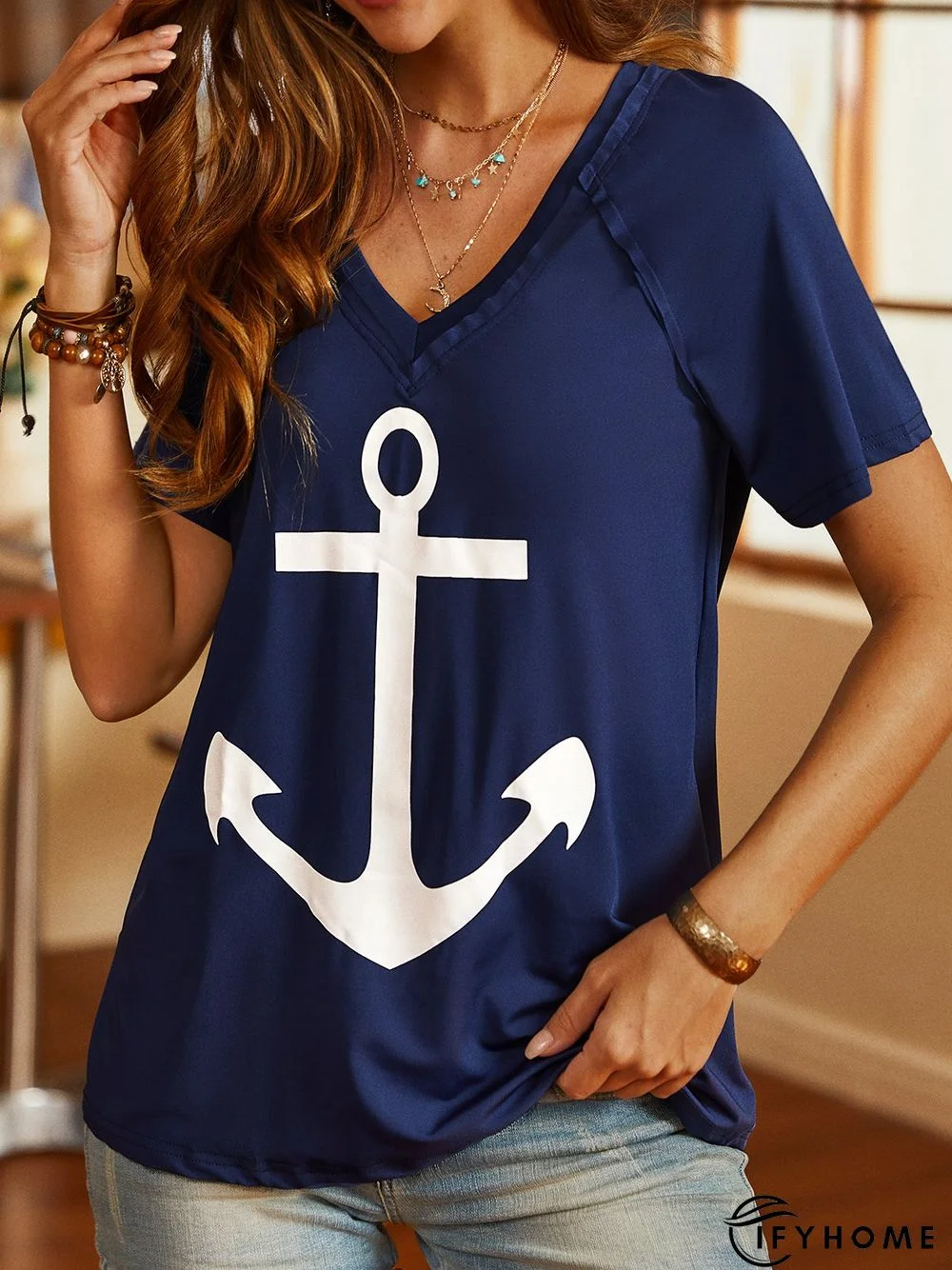 Abstract Geometric Printed Loosen Casual V Neck Short Sleeve T-Shirt | IFYHOME