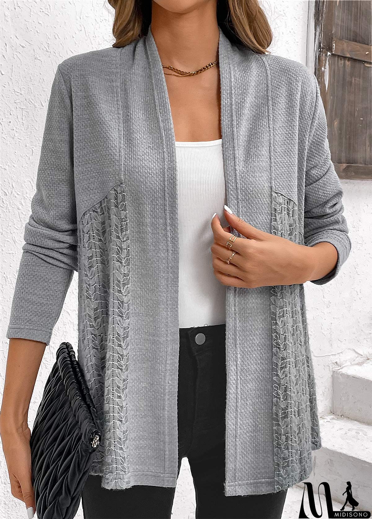 MidiSono - Plus Size Grey Patchwork Long Sleeve Cardigan