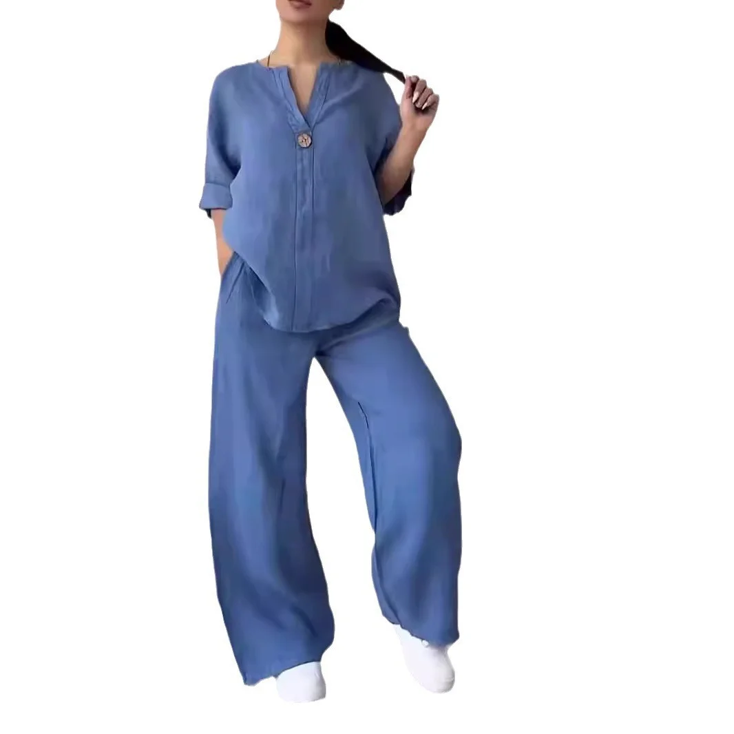 Uveng Uveng Fashion Women's Comfortable Loose Top Broad Leg Trousers Casual Cotton Set