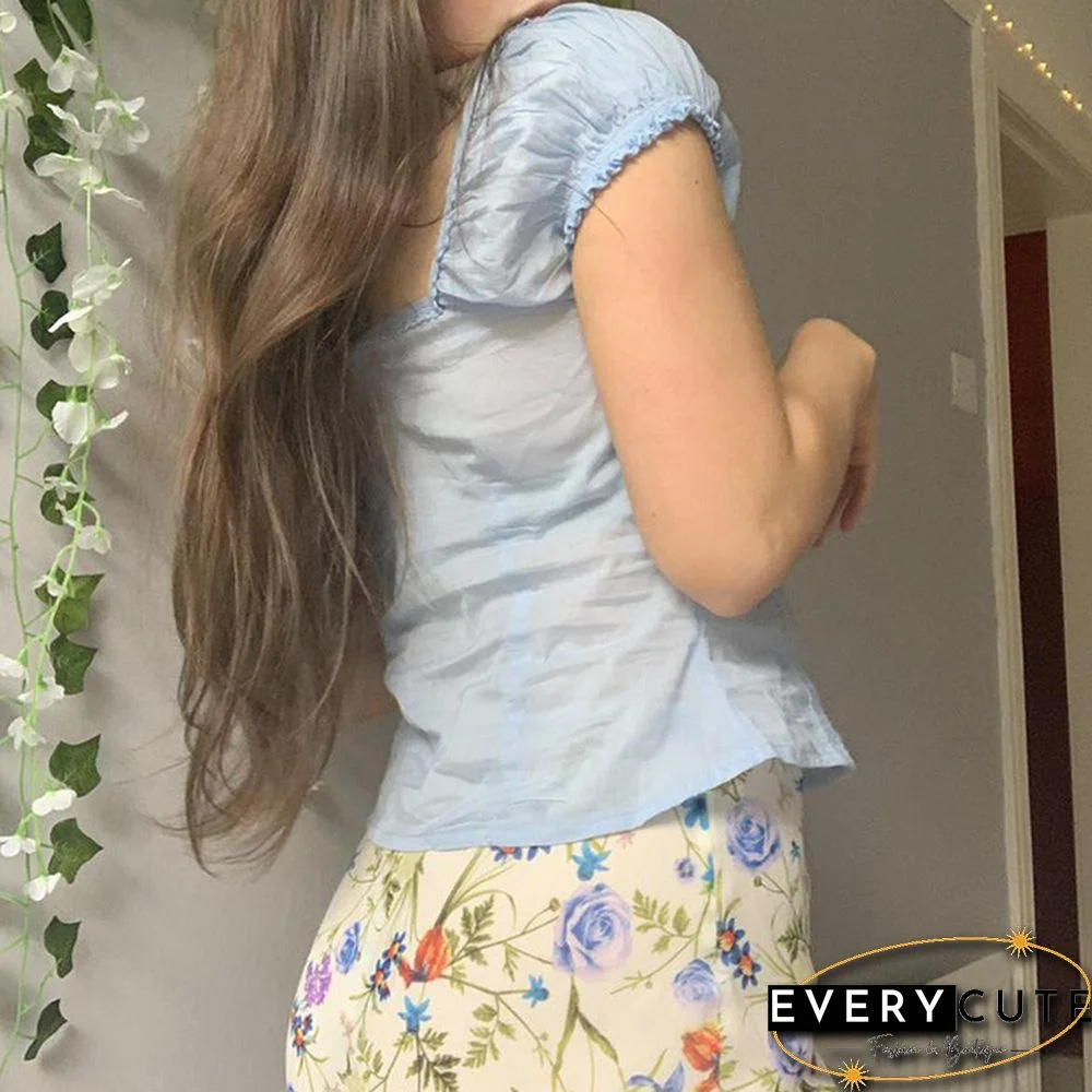 Sweet Kawaii Tshirts Y2K Lace Patchwork Square Collar Chic Buttons Tops Tee Aesthetic Harajuku Grunge Shirt