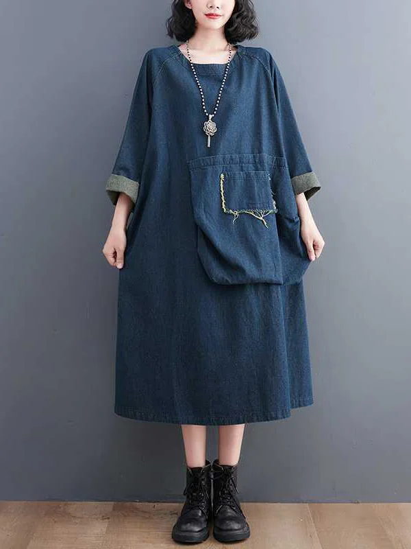 A-Line Long Sleeves Fringed Pockets Split-Joint Round-Neck Midi Dresses