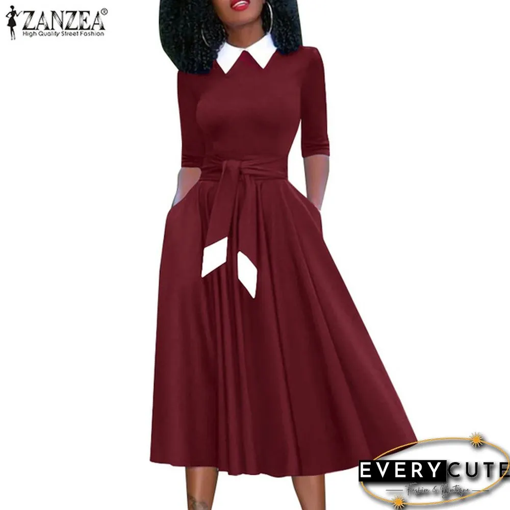 Womens Full Sleeved Autumn Belt Solid Slim Party Side Pockets Retro A-Line Pleated Long