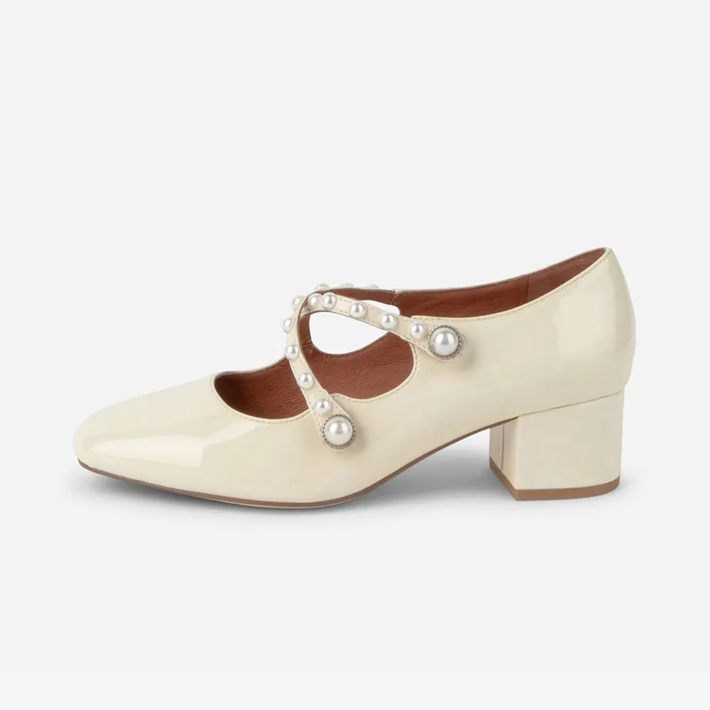 Women's Ivory Square Toe Pearl Cross Strap Block Heel Pumps
