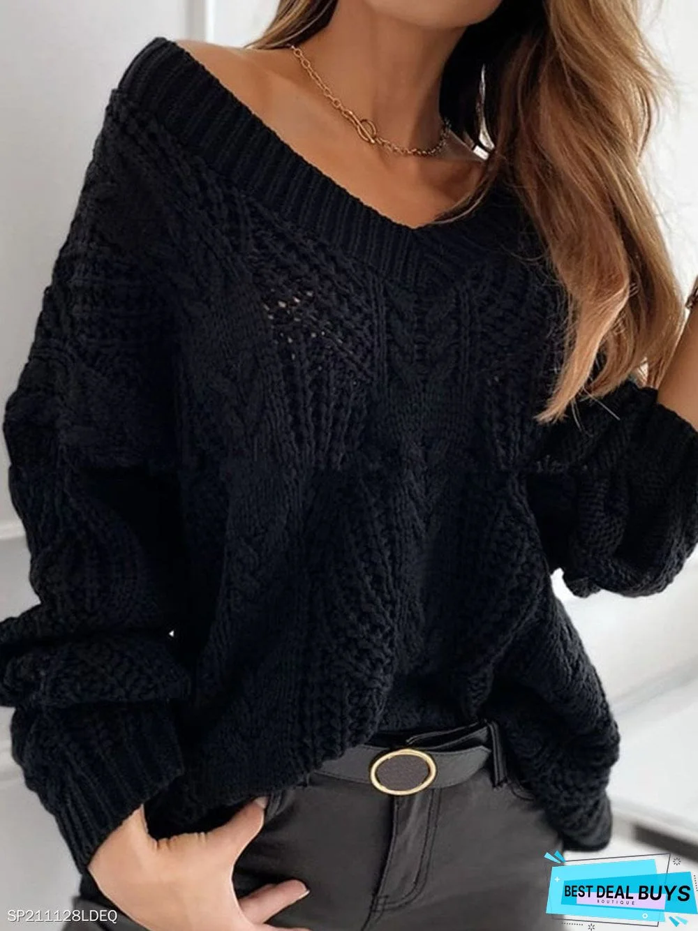 Winter V-Neck Loose Solid Color Knit Sweater