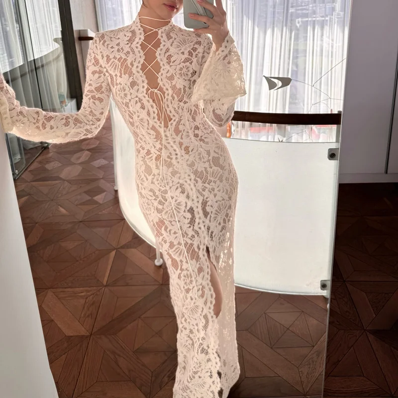 Uveng Uveng Early Autumn New Sexy Hot Girl Lace Splicing Fashion Street Slit Long Sleeve Dress