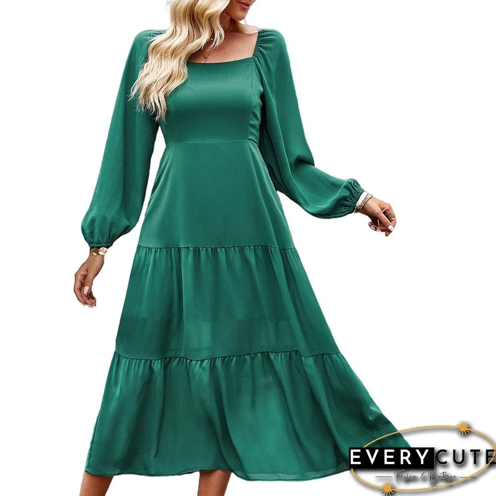 Green Solid Square Neck Pocket Long Sleeve Dress