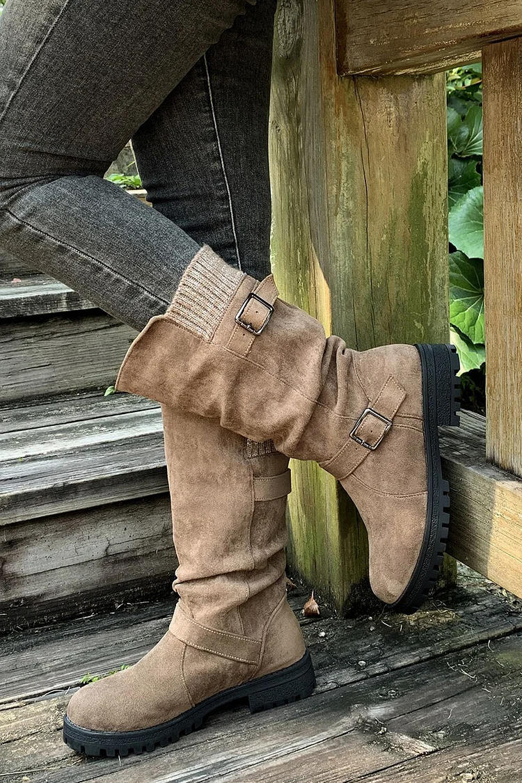Retro Solid Color Round Toe Thick Heel Belt Buckle Suede Boots 2024 - Xpluswear