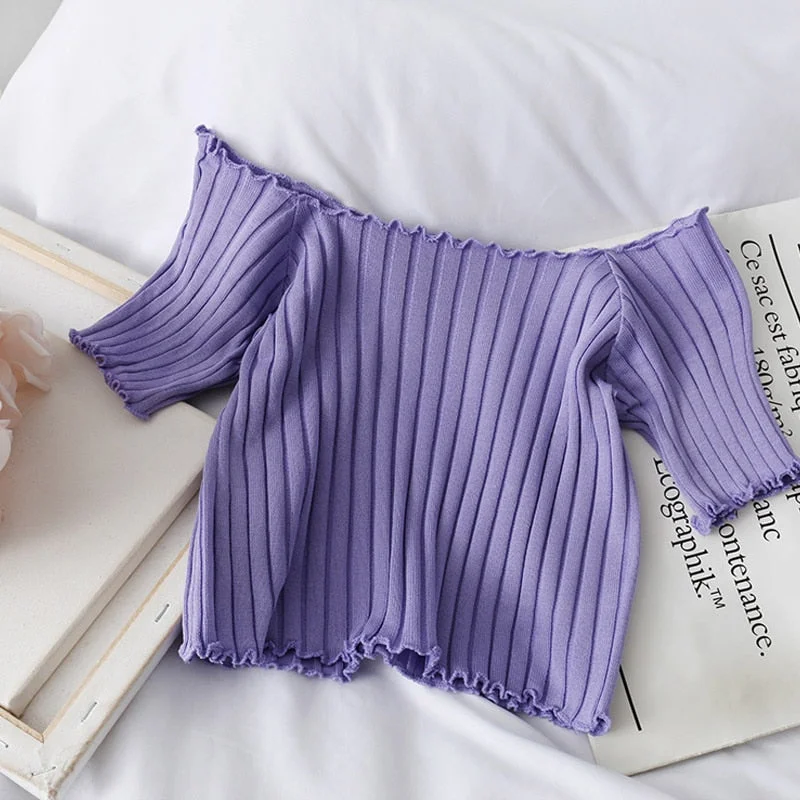 Women T-shirt Off Shoulder Knitting Crop Tops Women Fashion Solid Short Sleeve Skinny T-shirts Women 2020 Summer