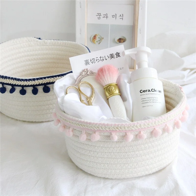 Cotton Rope Storage Baskets With Pompom Handmade Woven Dirty Clothes Laundry Basket Kids Toy Desktop Sundries Organizer Hamper