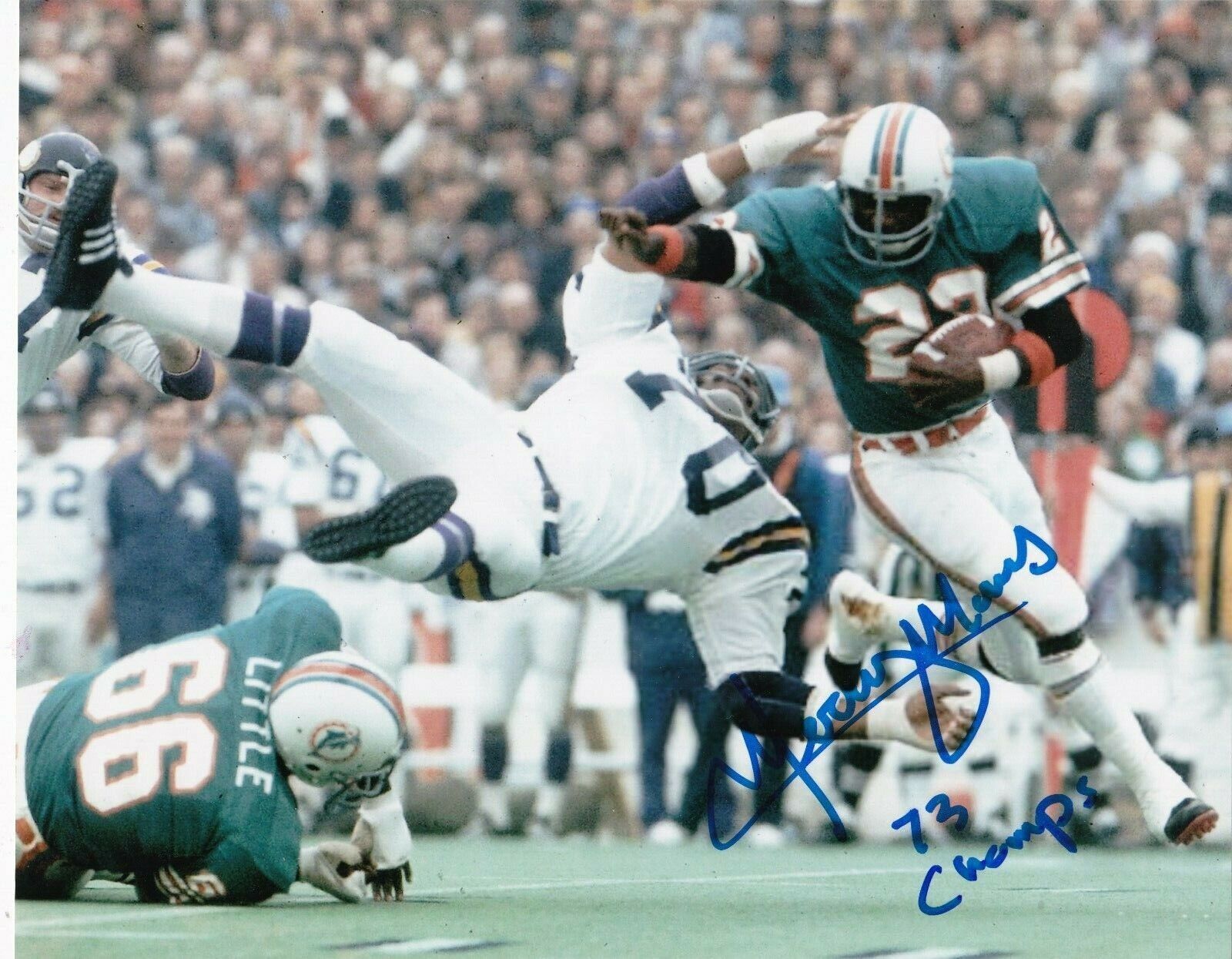 MERCURY MORRIS MIAMI DOLPHINS 73 CHAMPS SUPER BOWL ACTION SIGNED 8x10