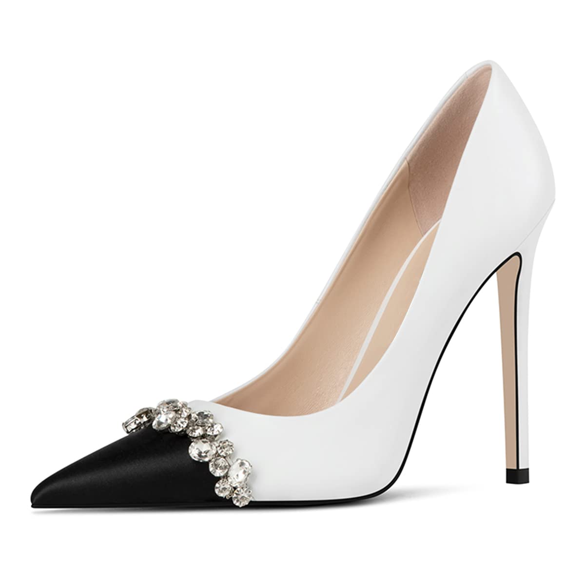 White & Black Pointed Toe Stiletto Heel Pumps Shoes with Rhinestone Nicepairs