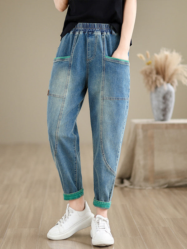 Women's loose Casual Vintage Colorblock Oversized Jeans Pants