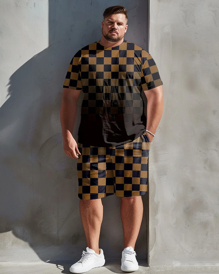 Men's Plus Size Casual Simple Plaid Gradient Print T-shirt Shorts Suit