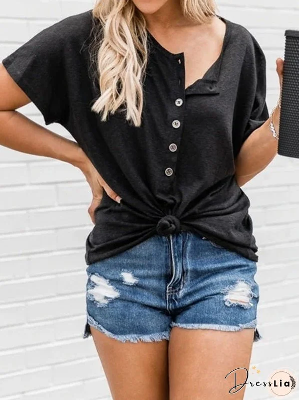 Women's T-Shirts Solid Button Short Sleeve T-Shirt
