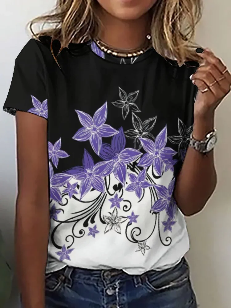 Printed Short Sleeve Casual T-shirt for  Women and Men Unisex Pattern Floral, Black, Purple