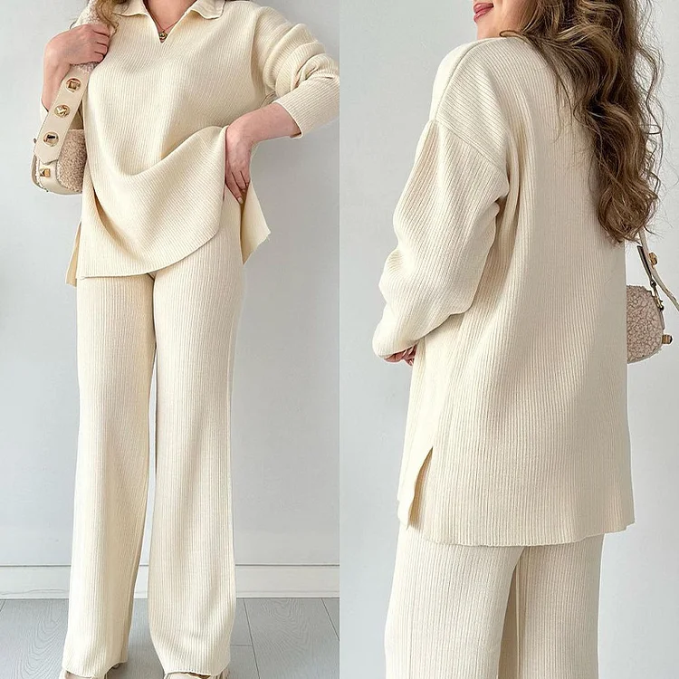 PASUXI Women 2 Piece Sweater Sets Long Sleeve V Neck Knit Top Matching Wide Leg Pant Knitted Sweatsuit Outfits huanwei