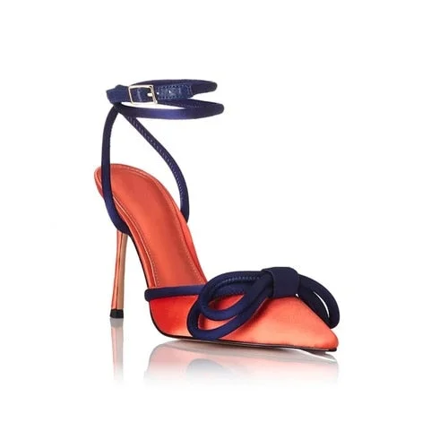 Colorblock Pointed Toe Bow Stiletto Mid-heel High Heels Women's Sandals
