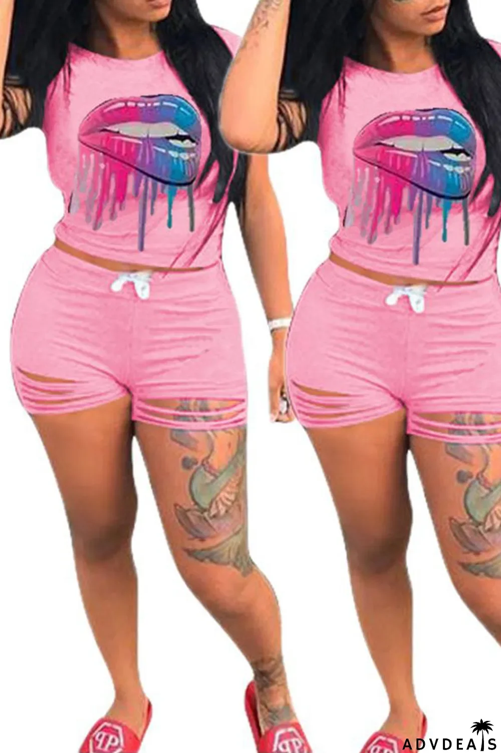 Grey venetian Fashion Active Casual Patchwork Lips Print pencil Short Sleeve Two Pieces