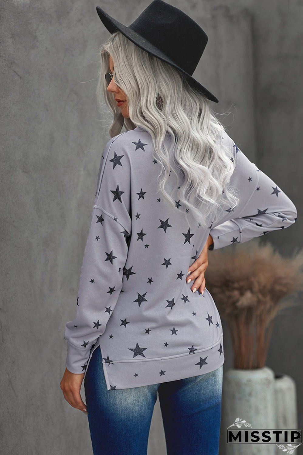 Women's Gray Round Neck Star Print Casual Long Sleeve Top