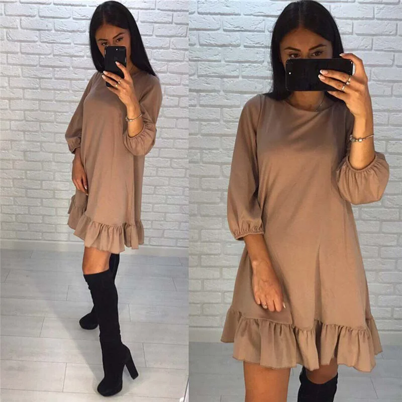 New Loose Flounce Dress Lantern Sleeve Round Neck Long Sleeve Dress Summer Women Beach Dress Casual Club Dress