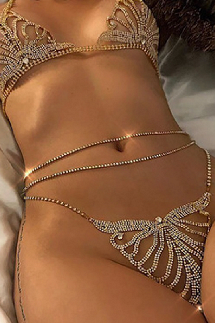 Sparkling Rhinestone Halter Neck Bra Pantie Body Chain Party Matching Set-Gold