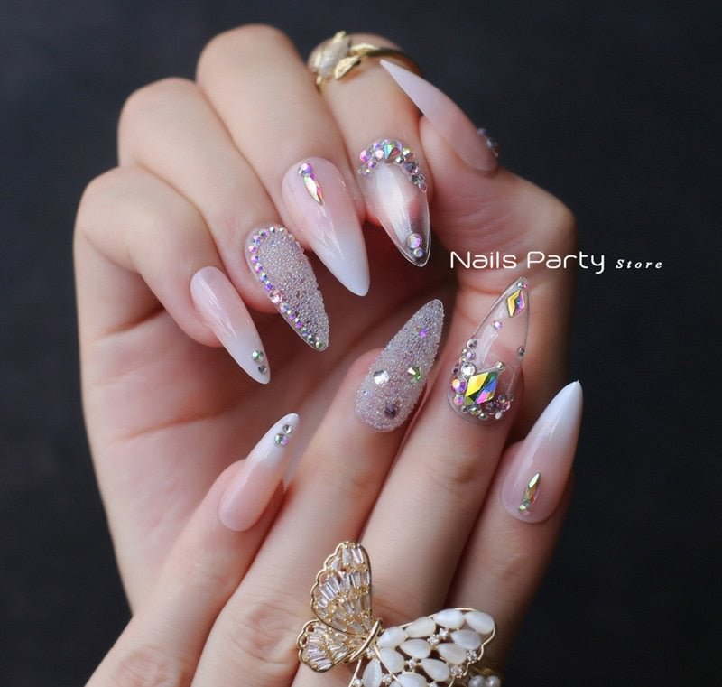 Stiletto Jelly ombre nude fasle nails press on nail Luxury crystal nails photo design nails gift box Private custom high quality