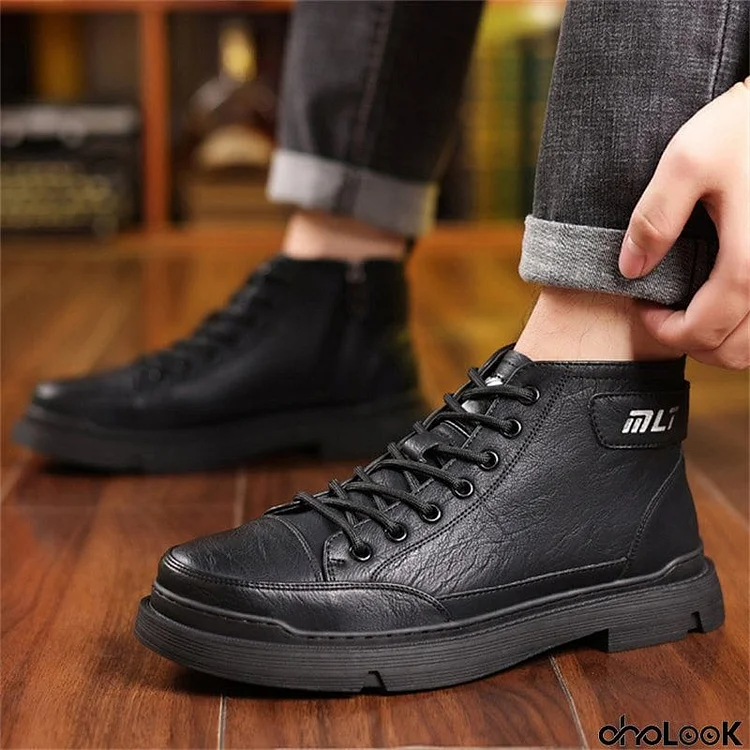 Men's Fashion Lace Up Warm Plush High Top Motorcycle Boots for Winter