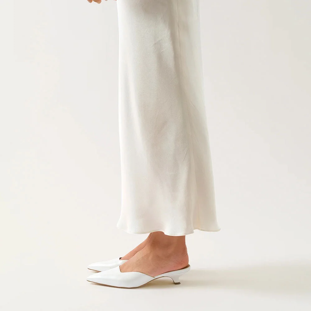 White Faux Leather Pointed Toe Square Cut Slip On Mule Kitten Heels