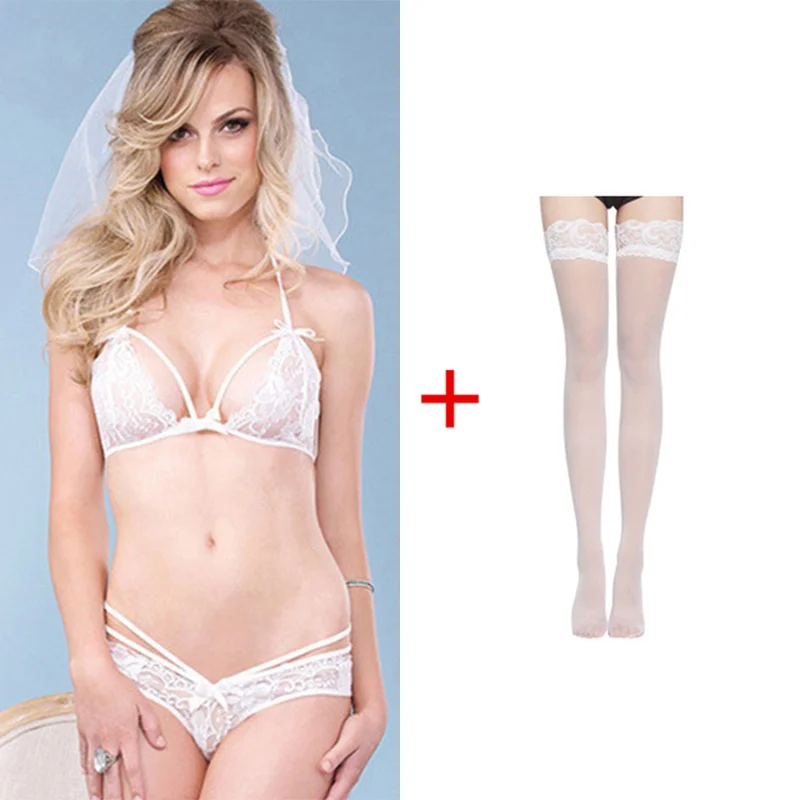 Billionm Women Sexy Lingerie Transparent Lace Open Bra Set Red Bowknot High Waist G-String And Underwear Set Comfortable Nightwear Bras