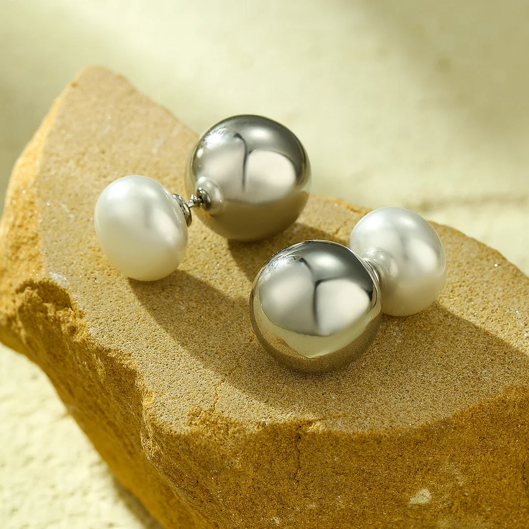 Titanium Steel Round Beads Pearl Earrings