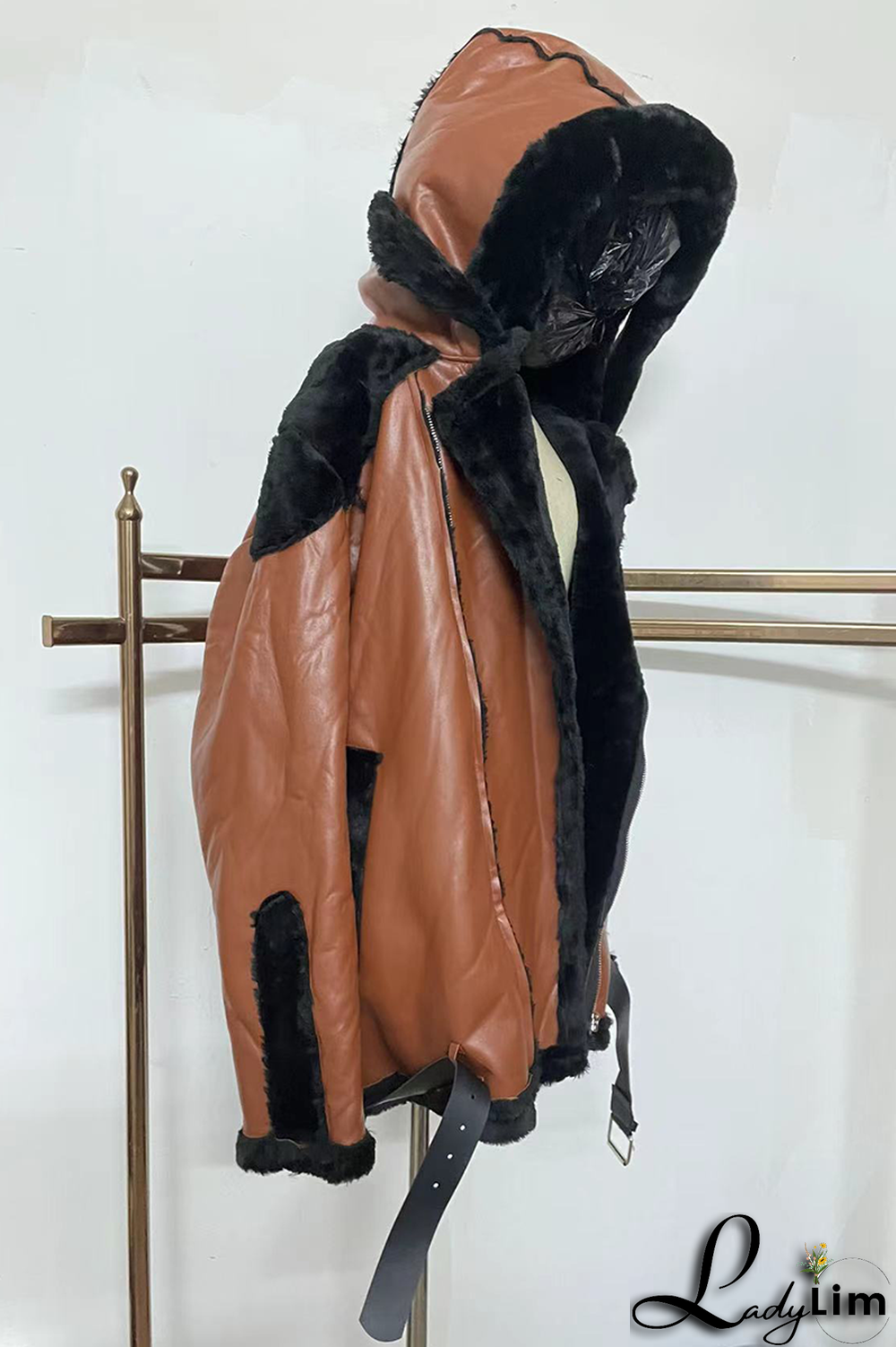 Red Fashion Street Patchwork Patchwork With Belt Hooded Collar Outerwear