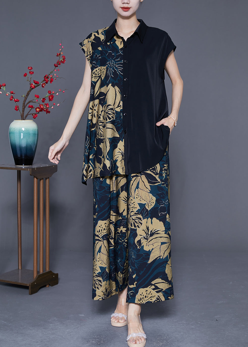 VCSHOES Black Asymmetrical Print Chiffon Two Pieces Set Summer
