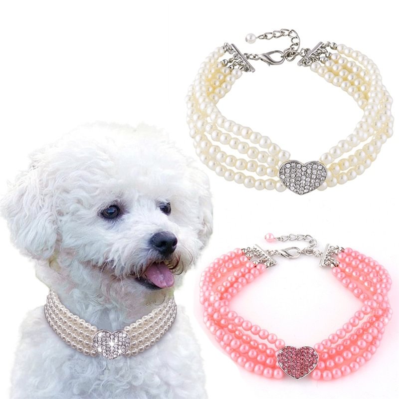 4 Rows Pearls Shiny Rhinestone Heart Shape Puppy Dog Choker Collar-VESSFUL