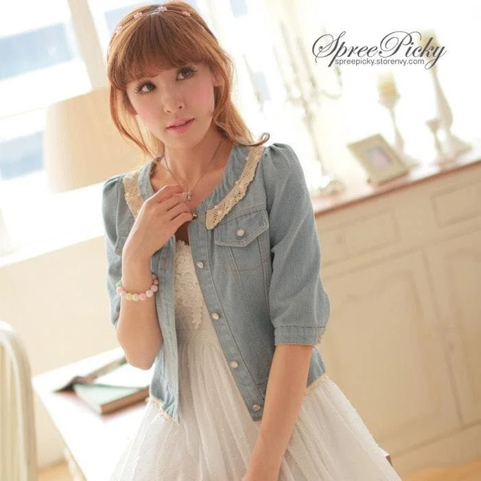 Dark Blue/Light Blue Denim With Lace Collar and Bubble Sleeves Jacket Coat SP141369