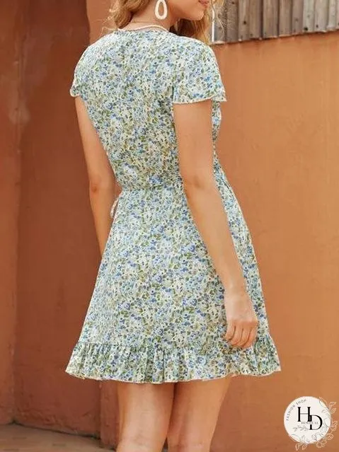 Deep V Neck Print Ruffle Dress for Women