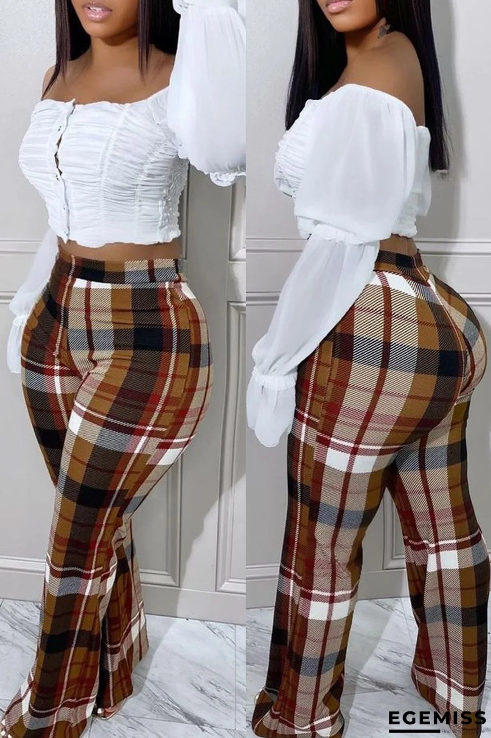 Brown Casual Plaid Print Patchwork Regular High Waist Trousers | EGEMISS