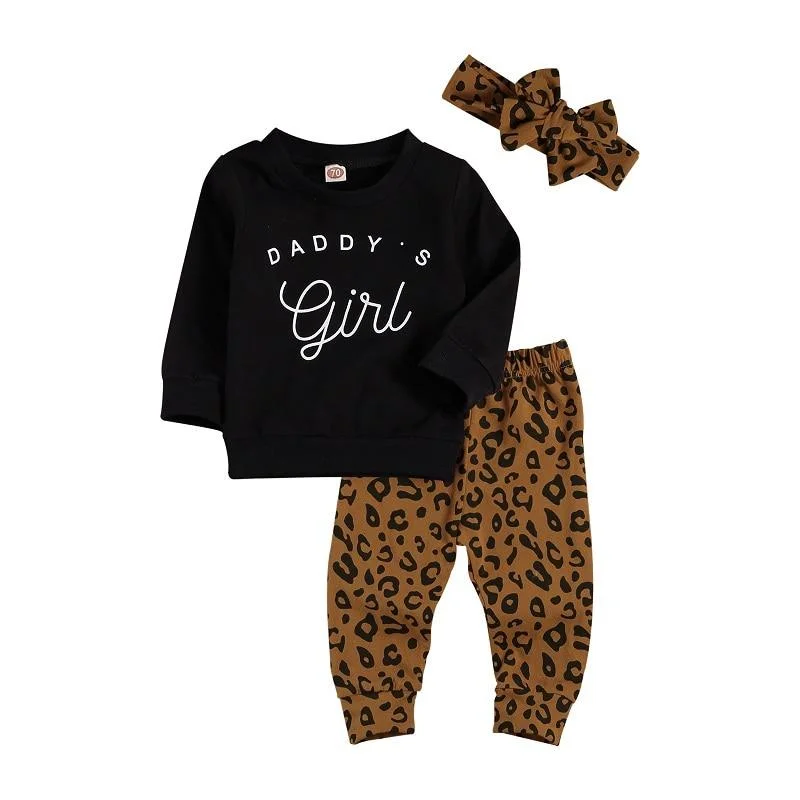 Infant Kids Baby Girls 3Pcs Outfit Sets Long Sleeve Letter T Shirt Leopard Pants Headband Spring Autumn Clothing