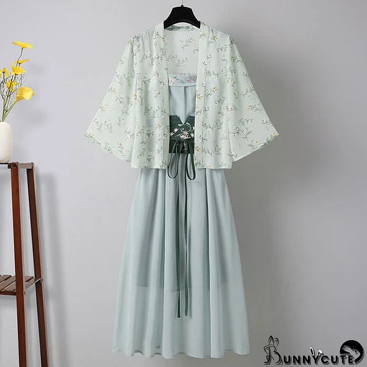 Vintage Hanfu Floral Print Cardigan Embroidery Lace Up Slip Dress