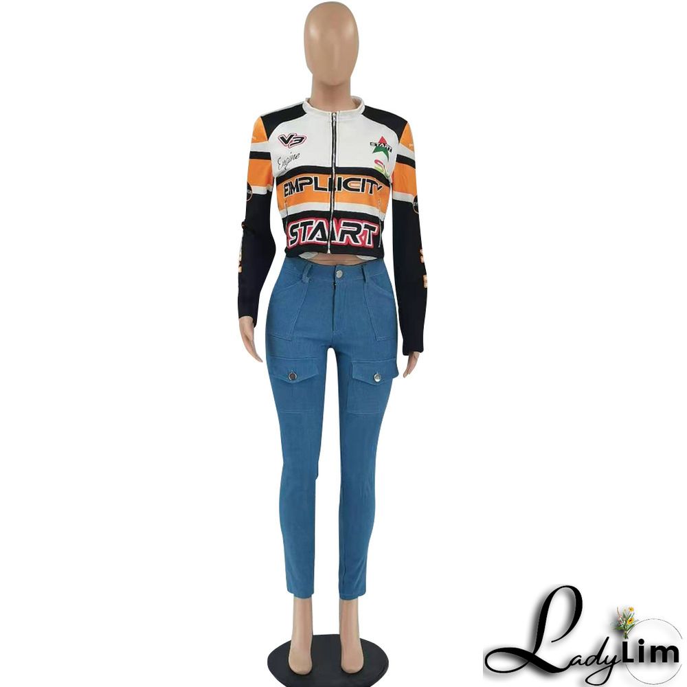 Women Round Neck Letter Print Long Sleeve Jacket