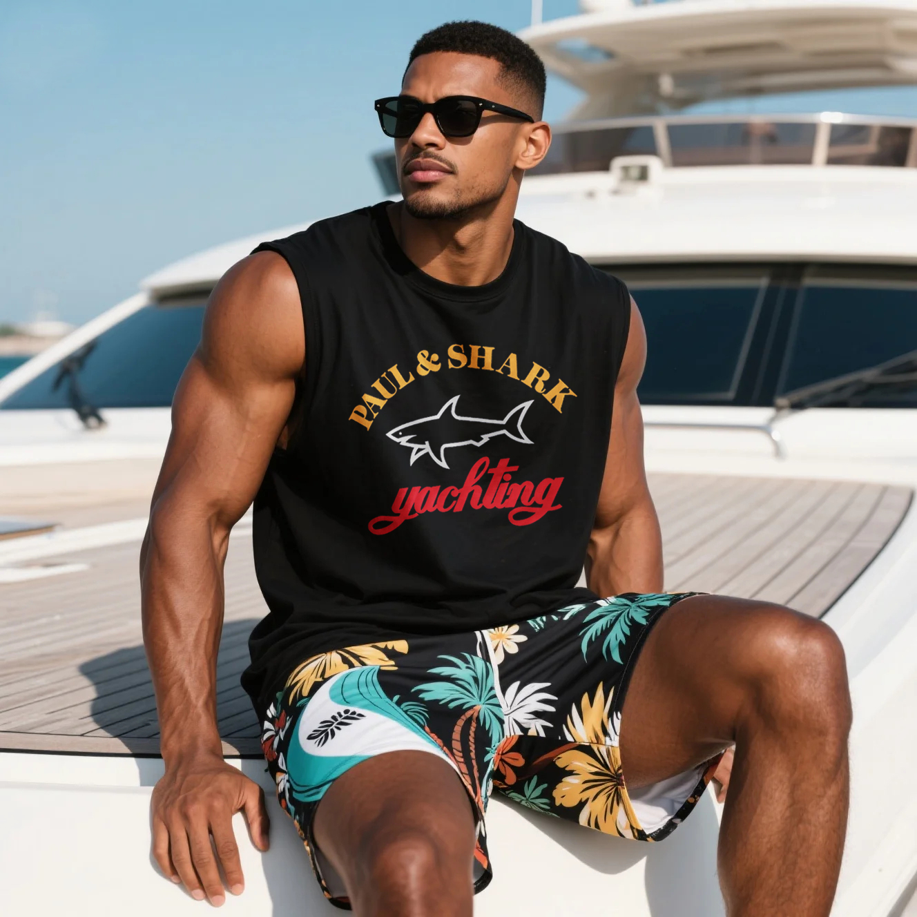 Men's Loose Comfortable Cotton Yacht Club Sleeveless T-Shirt Monaco Print Vest