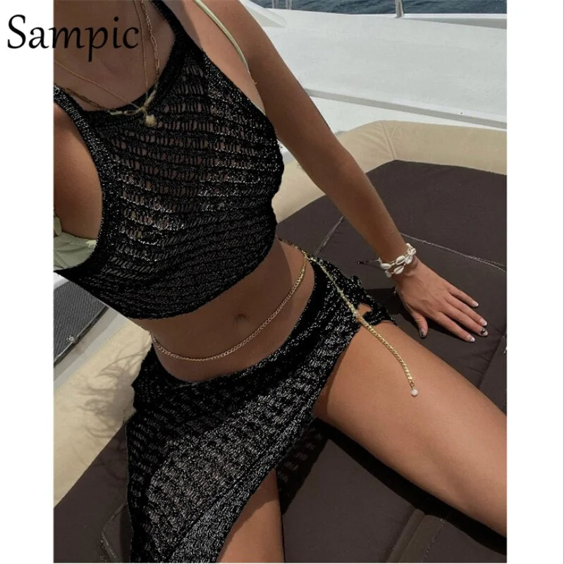 Sampic Sexy Women Casual Knitted Summer Beach Cotton Skirt Set Strap Tops And High Waisted Long Split Skinny Skirt Two Piece Set