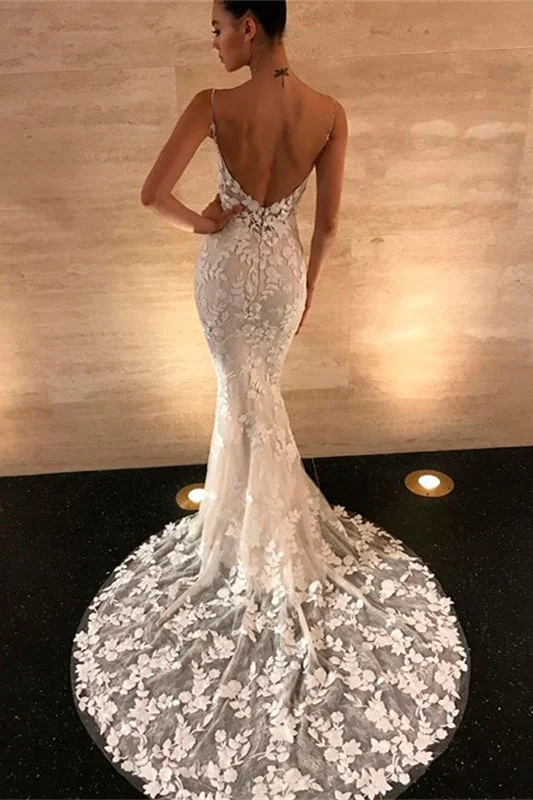 Charming Spaghetti-Straps Open Back Long Mermaid Wedding Dress Lace Appliques - lulusllly