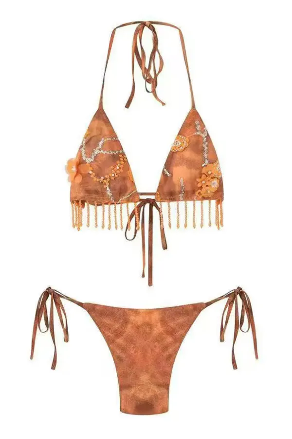 Fashionable Tassel Pendant Halter Neck Tie Two-piece Stretch Bikini Swimsuit